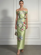 Green Floral Bow Satin Off The Shoulder Short Sleeve Sheath Maxi Dress