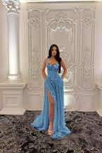 Straps Sleeveless Long Split Prom Dress With Pleated Appliques WQ0227