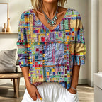Women's Vintage Floral Dragonfly Art Print Flowy Linen Blend  Three-quarter Sleeve V Neck Linen Tops