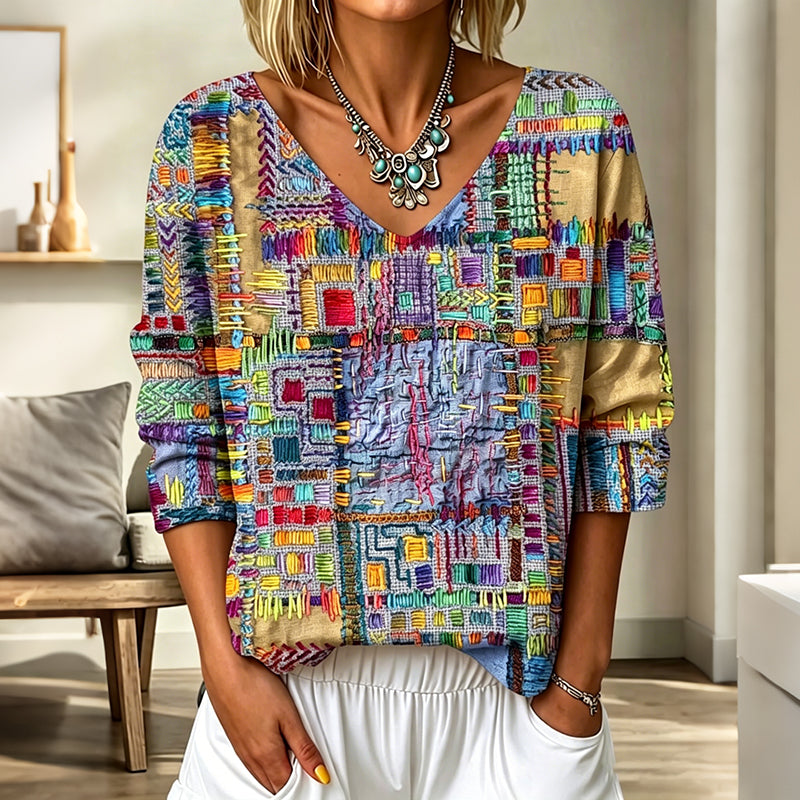 Women's Vintage Floral Dragonfly Art Print Flowy Linen Blend  Three-quarter Sleeve V Neck Linen Tops