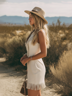 Western-style Retro V-neck Zippered Front Fringed Faux Suede Mini Dress