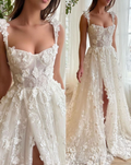Cocoslly Spaghetti Straps Sleeveless Long A-Line Split Prom Dress With Embroidered Appliqué | Ivory Tulle CO0003