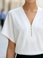 Minimalist V-Neck Zip-Front Short Sleeve Blouse