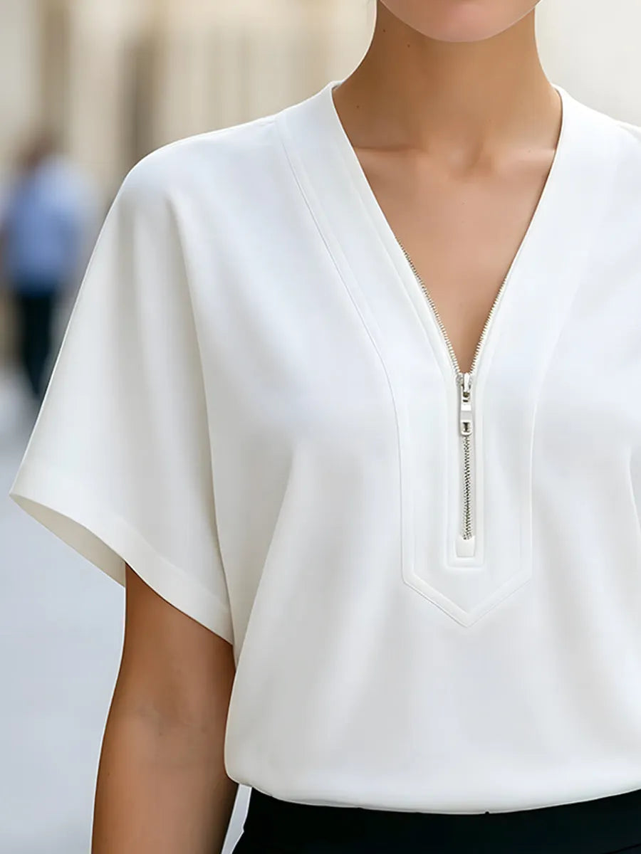 Minimalist V-Neck Zip-Front Short Sleeve Blouse