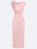 Pink 3D Floral Ruched Knit Asymmetrical Short Sleeve Bodycon Midi Dress