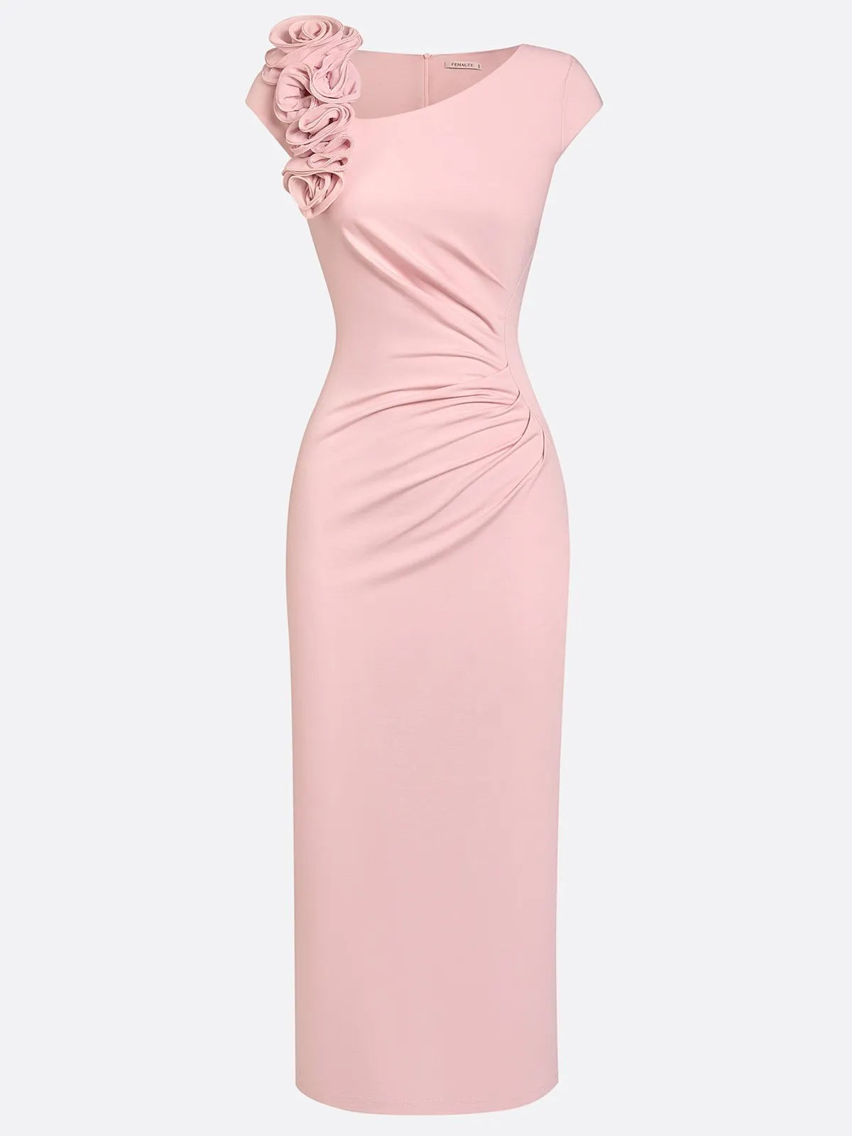 Pink 3D Floral Ruched Knit Asymmetrical Short Sleeve Bodycon Midi Dress