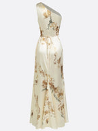 Beige Floral Satin One Shoulder Sleeveless Sheath Floor-length Gown Dress
