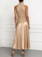 Champagne Lace Satin Halter Crew Neck Sleeveless A-Line Maxi Dress
