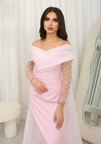 Cocoslly Off-The-Shoulder Long Sleeves High Waist Long Prom Dress With Rhinstone | Blushing Pink Chiffon JZ0100