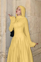 Cocoslly High Neck Long Sleeves High Waist Long Prom Dress With Hat | Burgundy Satin LR0513