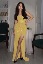 Sequin Strapless Sleeveless Long High Split Prom Dress With Pleated YK0006