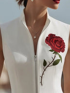 Rose Embroidered Sleeveless Zip-Front Vest
