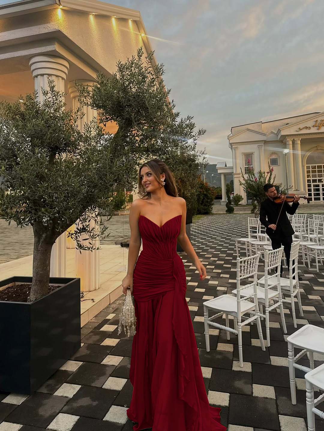 Strapless V Neck Sleeveless Long Prom Dress With Pleated Ruffle YK0492