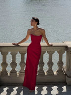 Cocoslly Strapless Sleeveless High Waist Long Prom Dress With Appliques | Pink Satin LX0113