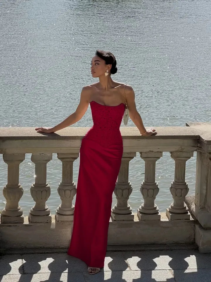 Cocoslly Strapless Sleeveless High Waist Long Prom Dress With Appliques | Pink Satin LX0113