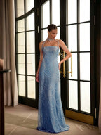 Cocoslly Spaghetti Straps Sleeveless High Waist Long Prom Dress With Rhinstone And Beading Pearls | Nude Sequins LX0091