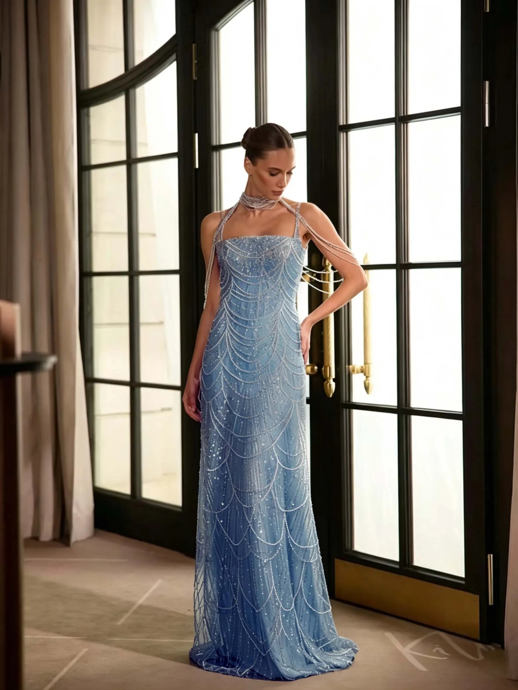 Cocoslly Spaghetti Straps Sleeveless High Waist Long Prom Dress With Rhinstone And Beading Pearls | Nude Sequins LX0091
