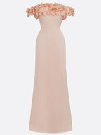 Pink 3D Floral Ruched Classic Off The Shoulder With Removable Cape Short Sleeve Mermaid Gown Dress