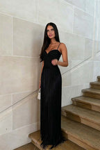 Cocoslly Spaghetti Straps Sleeveless High Waist Long Prom Dress With Tassel And Rhinstone | Champage Chiffon WQ0759