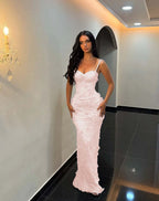Sweetheart Spaghetti Straps Sleeveless Long Mermaid Prom Dress With Flower Appliqués And Embroidered YK0333
