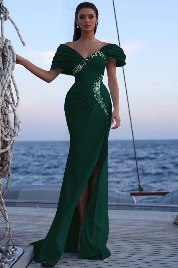 Cocoslly Off-The-Shoulder Beaded Split Long Prom Dress With Sequins Acrylic Rhinestones | Sky Blue Satin ZT0483