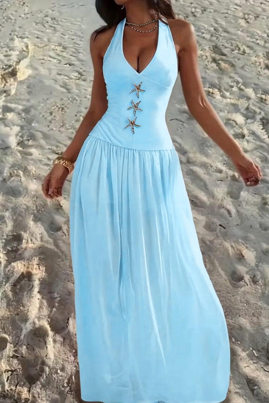 Cocoslly Halter V-Neck Sleeveless High Waist Long Prom Dress With Rhinstone | Ivory Chiffon XJ0755