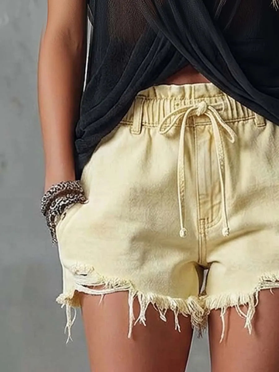 Casual & Versatile Light Yellow Distressed Denim Hot Pants