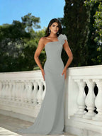 Satin One Shoulder Strapless Sleeveless Long Mermaid Prom Dress With Beadings And Flower YK0640