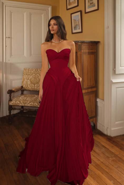 Cocoslly Sweetheart Strapless Sleeveless High-Waisted Long A-Line Pleated Prom Dress | Ivory Chiffon ZA0311