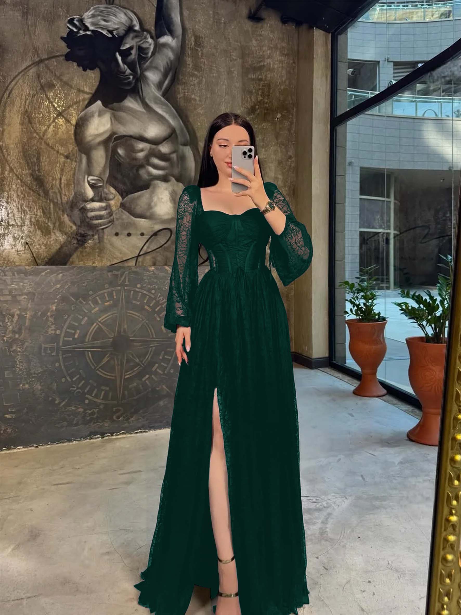 Lace Square Neck  Lantern Long Sleeves Long A-Line Pleated Prom Dress With Split And Corset YK0413