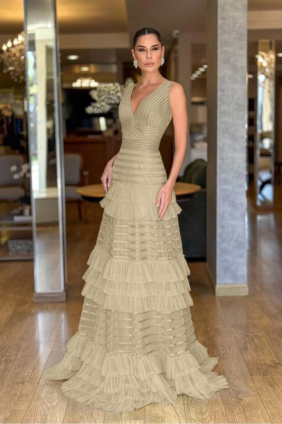 Tulle V-Neck Wide Shoulder Straps Sleeveless Long A-Line Prom Dress With Ruffles And Pleated WQ0149