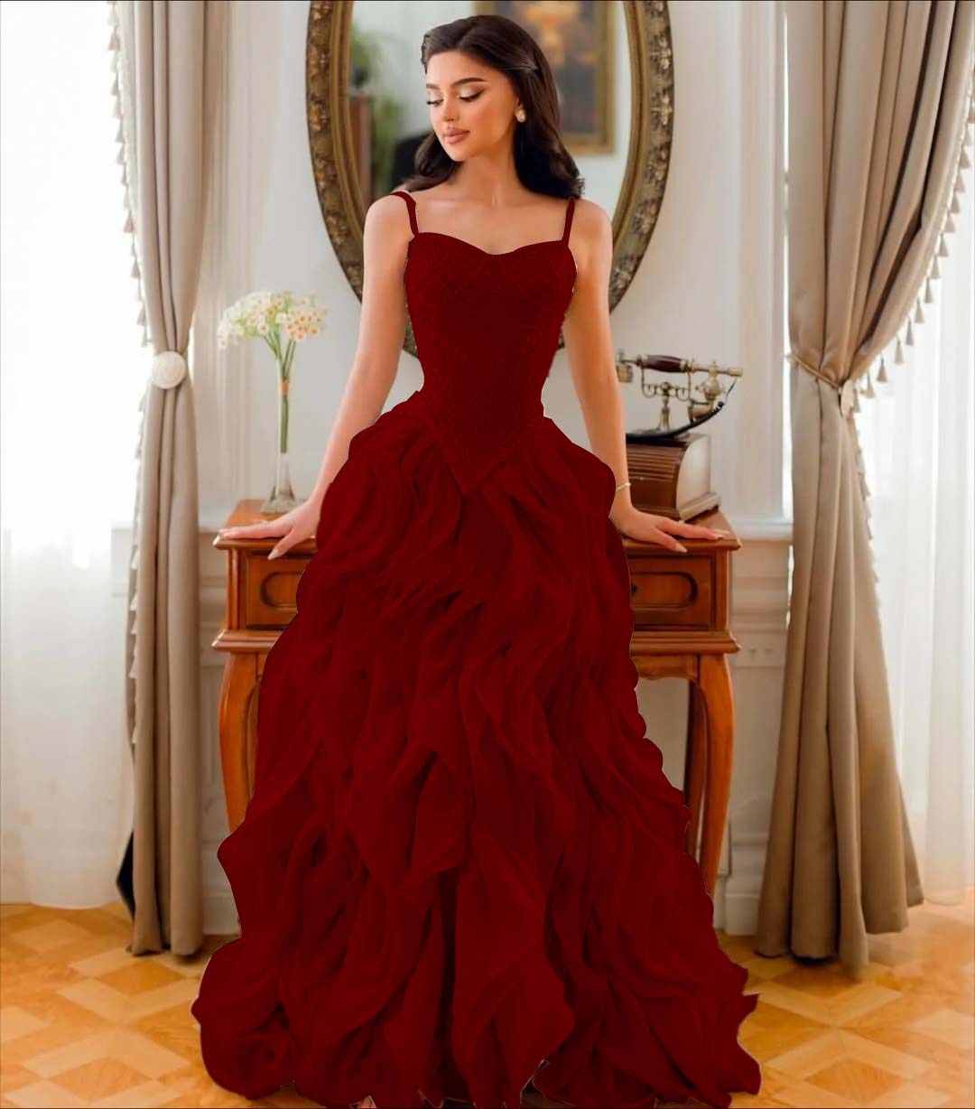 Tulle V-Neck Spaghetti Straps Strapless Sleeveless Long A-Line Prom Dress With Beadings And Pleated YK0761