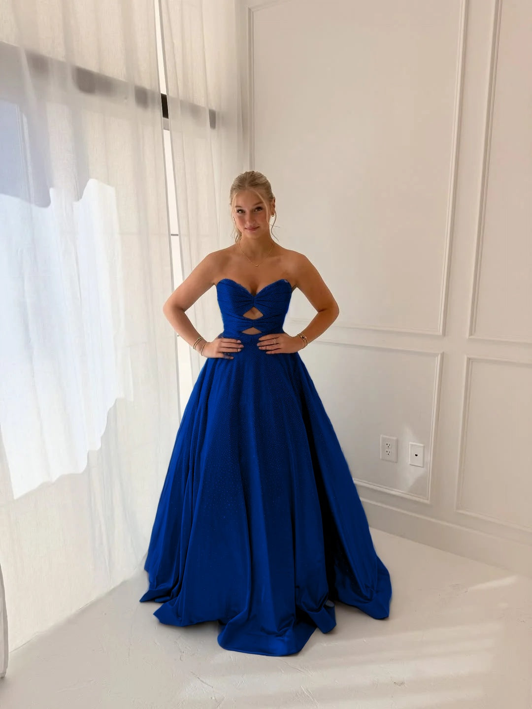 Satin V-Neck Strapless Sleeveless Long A-Line Prom Dress With Pleated And Rhinstone YK0706