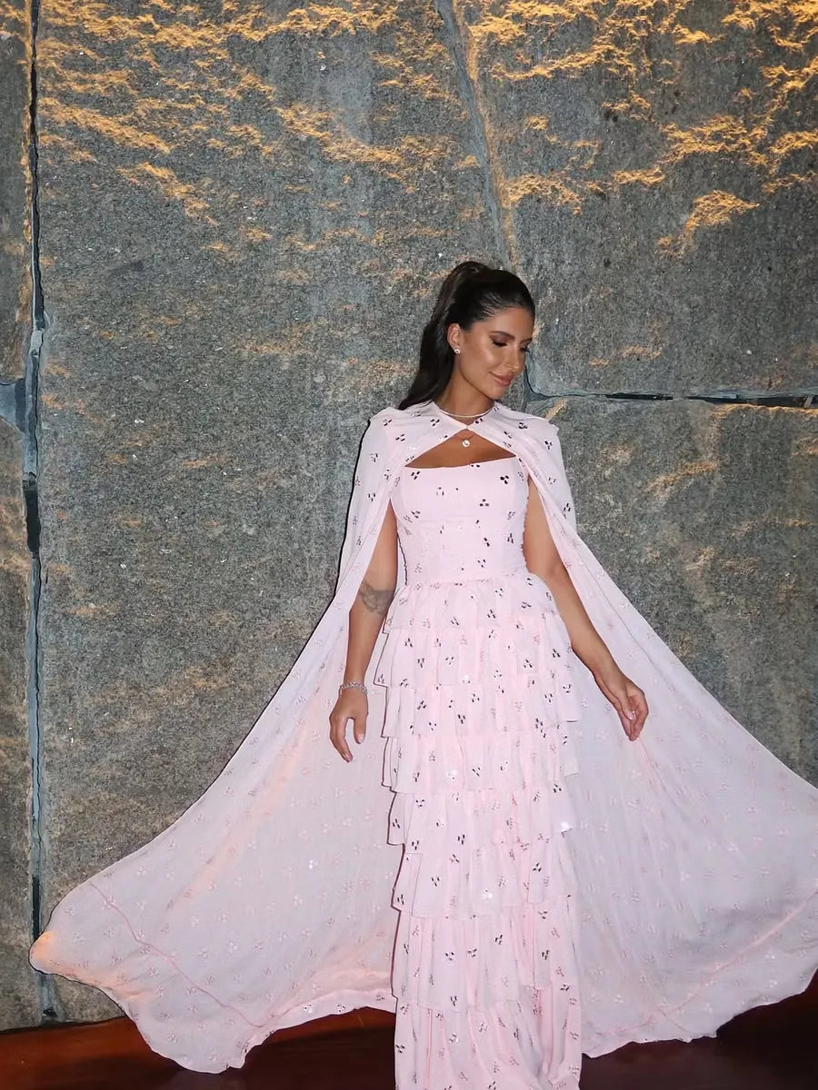 Cocoslly Strapless Sleeveless High Waist Long Prom Dress With Ruffles And Shawl | Pink Chiffon LR0534