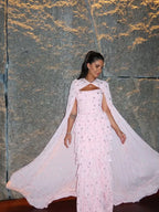Cocoslly Strapless Sleeveless High Waist Long Prom Dress With Ruffles And Shawl | Pink Chiffon LR0534