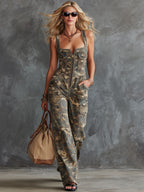 Western Retro Military Green Camouflage Denim Sleeveless Jumpsuit