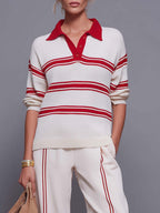 Retro Red-Striped Knit Polo And Wide-Leg Pants Set