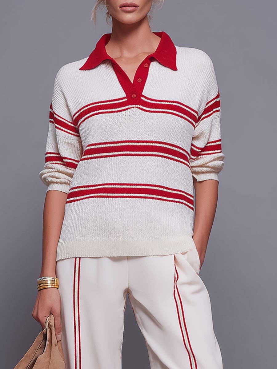 Retro Red-Striped Knit Polo And Wide-Leg Pants Set