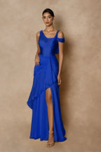 Cocoslly Wide Straps Sleeveless High Waist Long Prom Dress With Split And Ruffles | Glod Chiffon