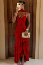 Cocoslly Spaghetti Straps Sleeveless High Waist Long Prom Dress With Ruffles And Sequins | Sage Chiffon LR0491