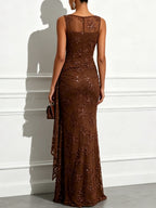 Brown Jacquard Classic Boat Neck Sleeveless Sheath Floor-length Gown Dress