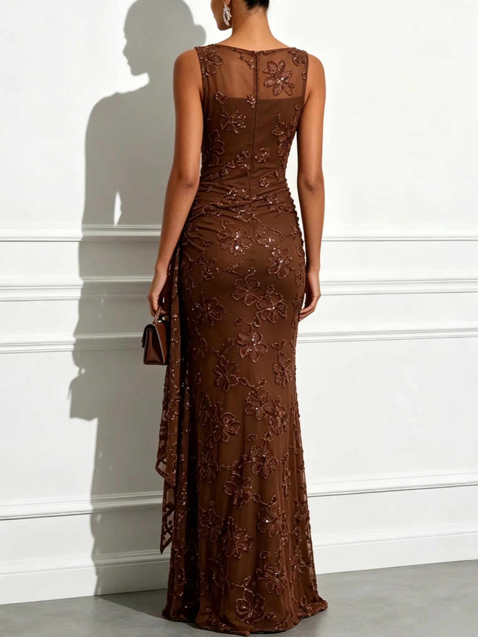 Brown Jacquard Classic Boat Neck Sleeveless Sheath Floor-length Gown Dress