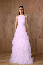 Cocoslly Halter Sleeveless High Waist Long Prom Dress With Ruffles | Daffodil Tulle YC0478