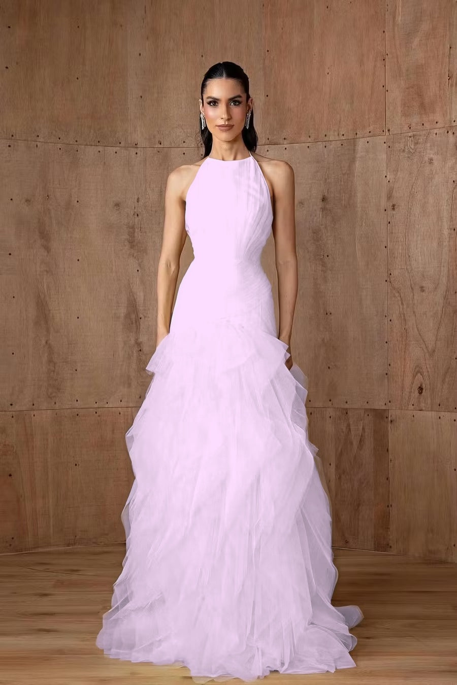 Cocoslly Halter Sleeveless High Waist Long Prom Dress With Ruffles | Daffodil Tulle YC0478