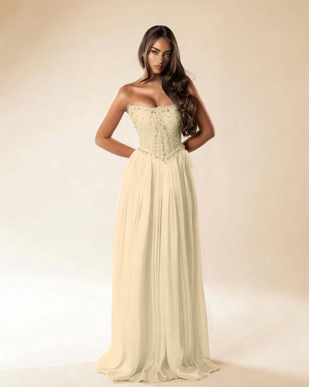 Strapless Sleeveless Long Pleated A-Line Prom Dress With Beadings And Rhinstone YK0781