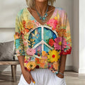 Women's Vintage Floral In Gradient Art Print Flowy Linen Blend  Three-quarter Sleeve V Neck Linen Tops