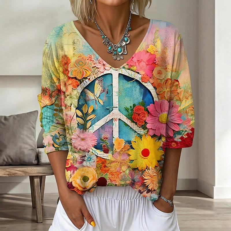 Women's Vintage Floral In Gradient Art Print Flowy Linen Blend  Three-quarter Sleeve V Neck Linen Tops