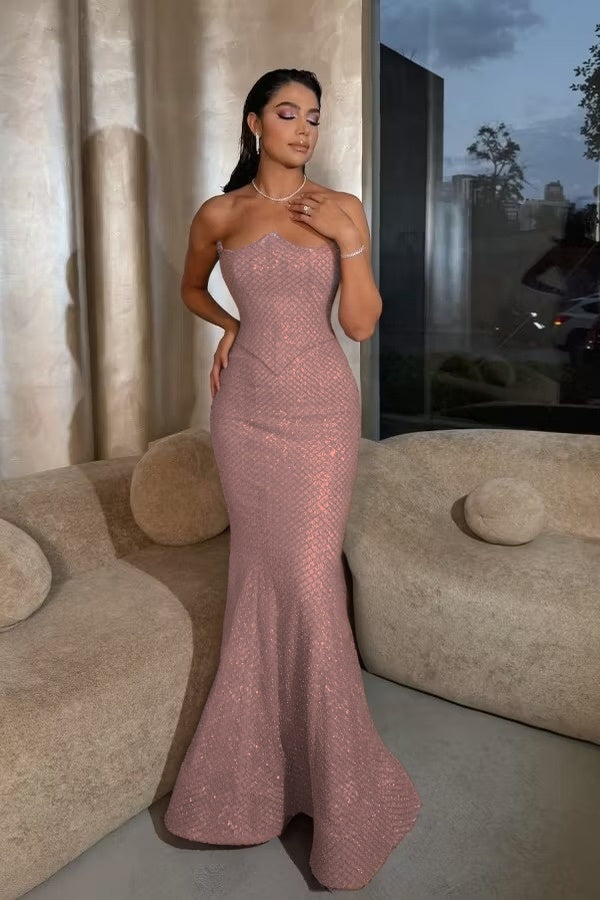 Cocoslly Strapless Sleeveless High Waist Long Mermaid Prom Dress | Lilac Sequins ZT0602