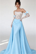 Cocoslly Strapless Sleeveless High Waist Long Mermaid Prom Dress With Long Sleeves And Lace | Blushing Pink Satin