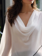 Draped Cowl Neck Piping Trim Sheer Sleeve Blouse